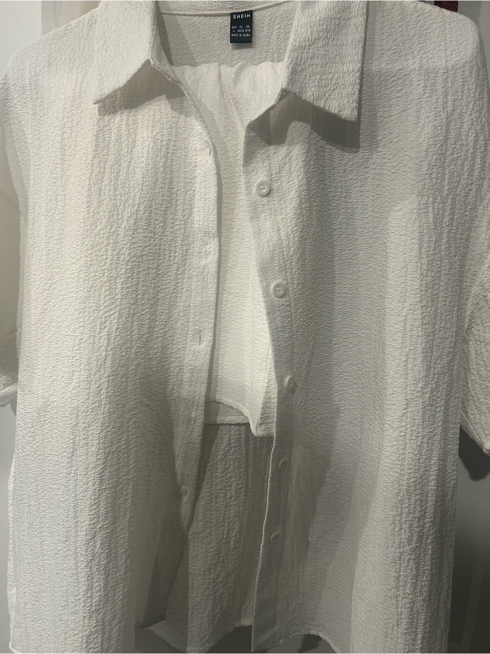 SHEIN White Textured Short-Sleeve Button-Down Shirt